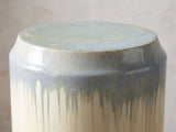 Close-up of the Aradeo Reactive Glaze Ceramic Drum Side Table: the stepped top rim where the blue-grey glaze begins to drip