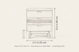 Arborea nightstand dimensions: 21.5 in wide, 23.5 in high, 16.5 in deep, legs 6.5 in