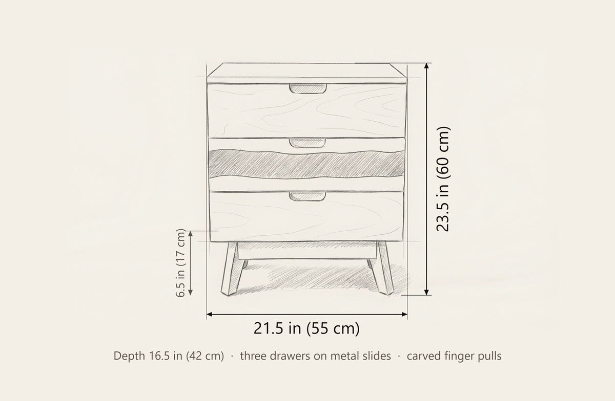 Arborea nightstand dimensions: 21.5 in wide, 23.5 in high, 16.5 in deep, legs 6.5 in