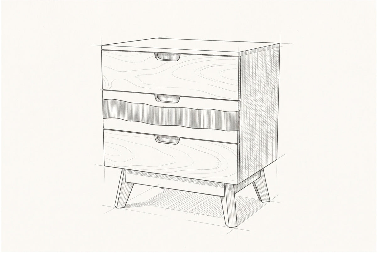 Pencil sketch of the Arborea nightstand, drawn from the same three-quarter view