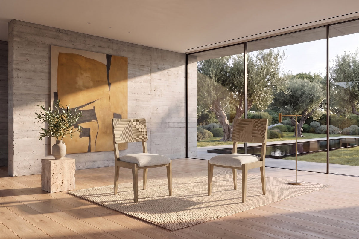 Arena Carved Geometric Back Wood Dining Chair (Set of 2) in a sunlit villa dining room