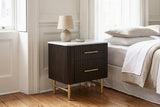 Aritzo espresso nightstand against white wall panelling in a Savannah townhouse bedroom with wide oak floorboards