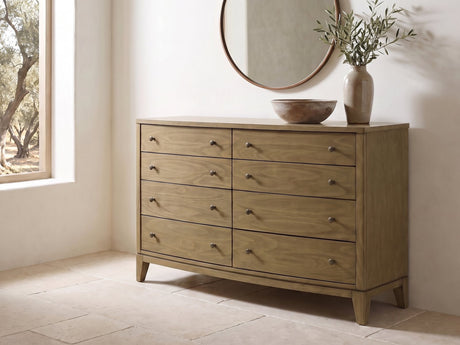 Arqua 61-Inch Natural Pine 8-Drawer Dresser under a round bronze mirror in a villa bedroom