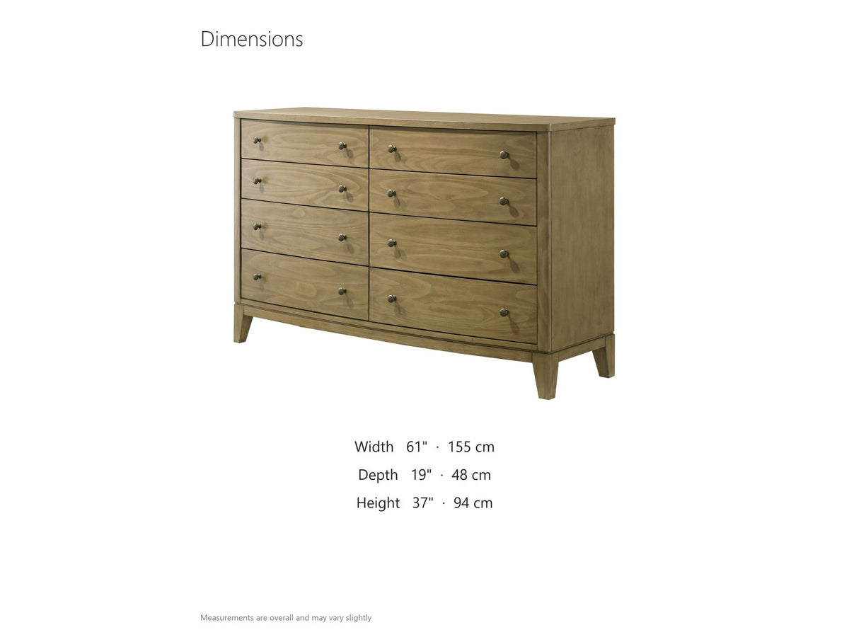 Arqua 61-Inch Natural Pine 8-Drawer Dresser dimensions: 61.0 in wide, 19.0 in deep, 37.0 in high