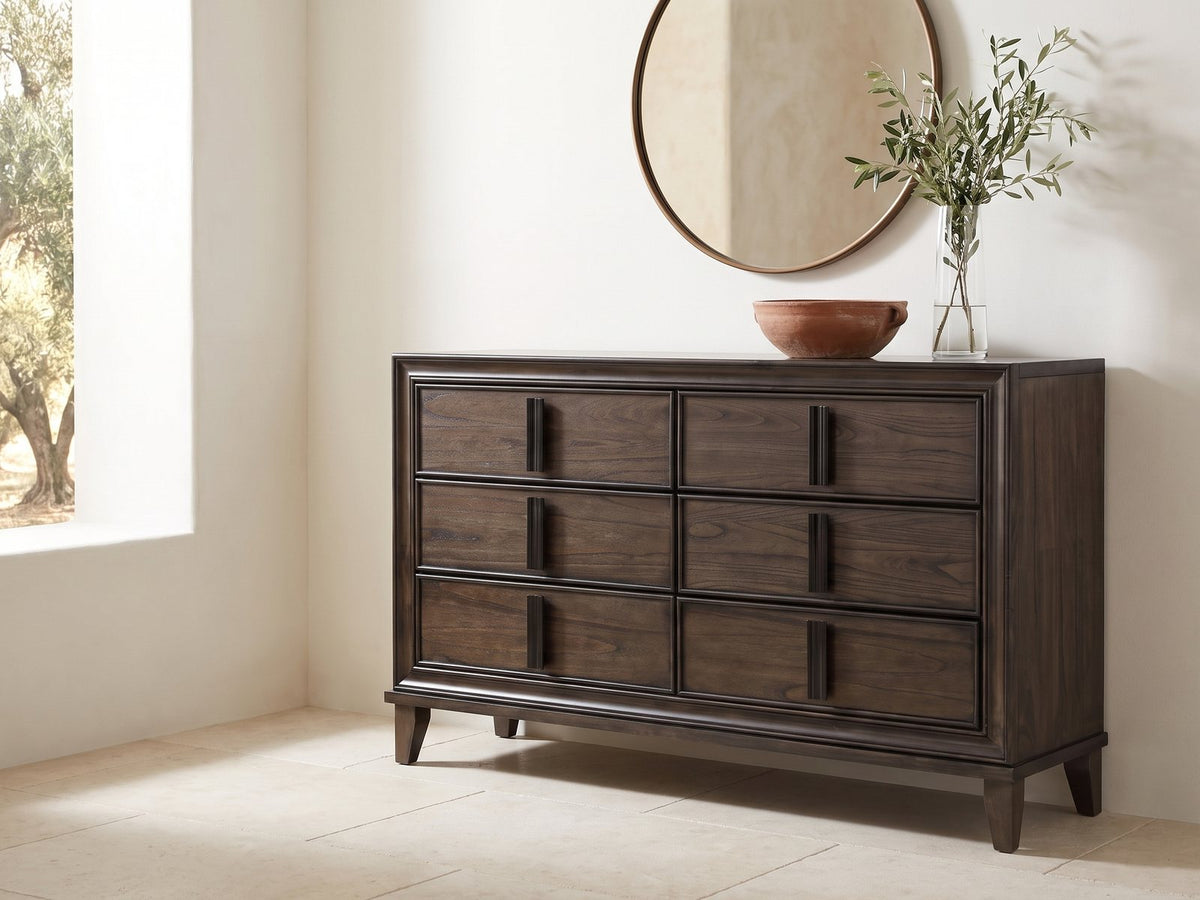 Arta 61-Inch Dark Brown 6-Drawer Dresser under a round bronze mirror in a villa bedroom