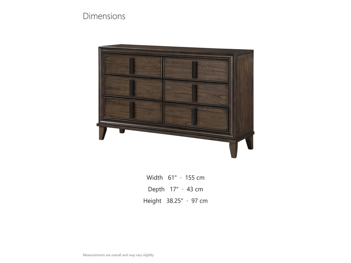 Arta 61-Inch Dark Brown 6-Drawer Dresser dimensions: 61.0 in wide, 17.0 in deep, 38.25 in high