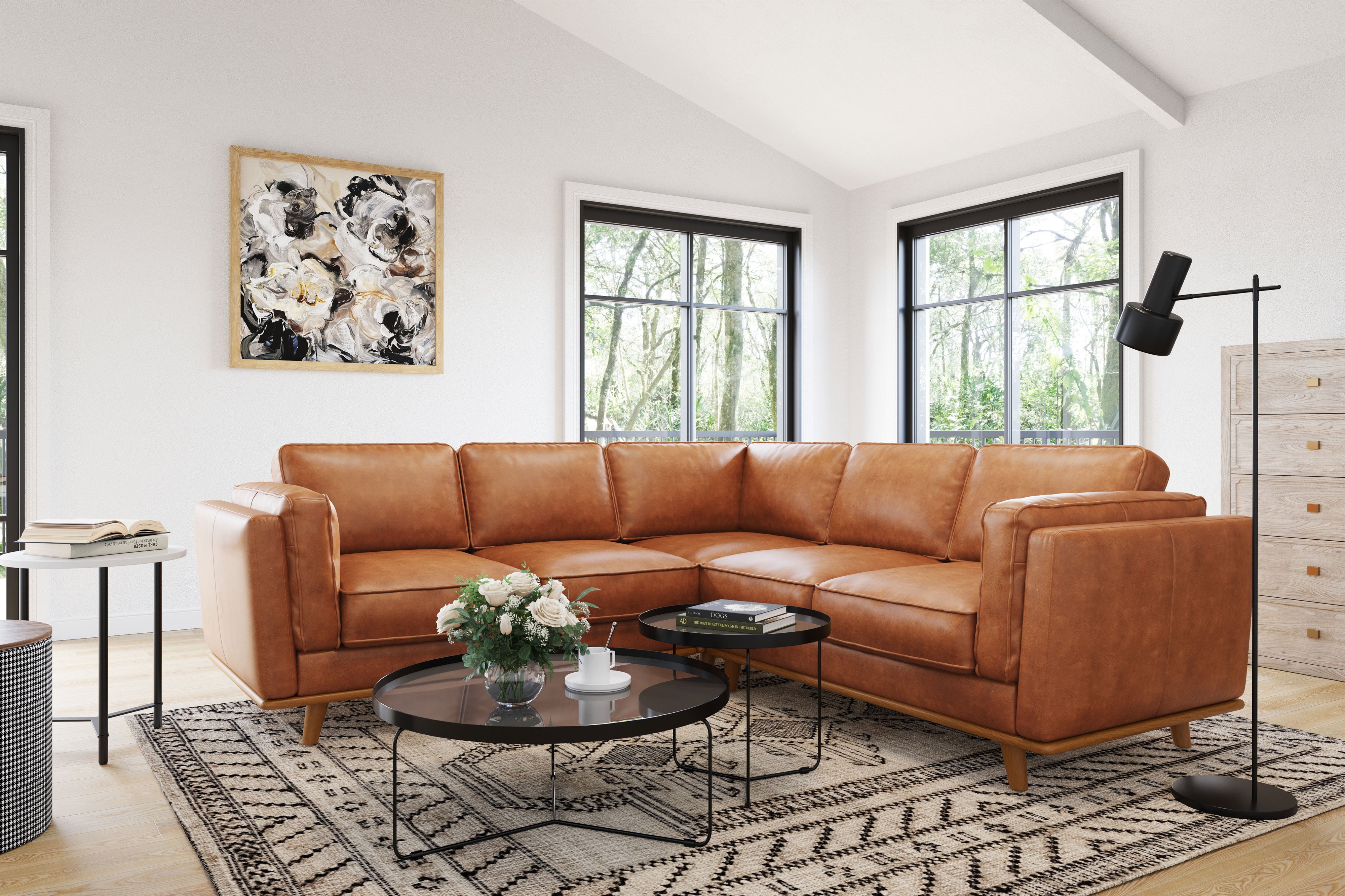 L shaped tan store leather sofa