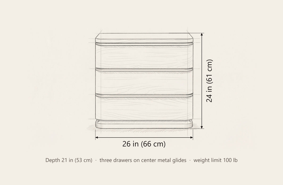 Arzachena nightstand dimensions: 26 in wide, 24 in high, 21 in deep