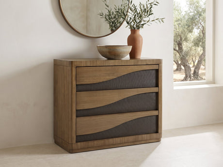 Arzignano 36-Inch Eucalyptus 3-Drawer Chest under a round bronze mirror in a villa bedroom