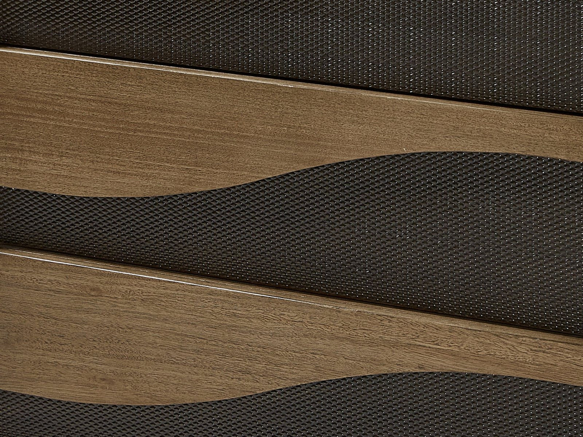 Close-up of the Arzignano 36-Inch Eucalyptus 3-Drawer Chest: the raised eucalyptus wave over the dark diamond-textured drawer panel