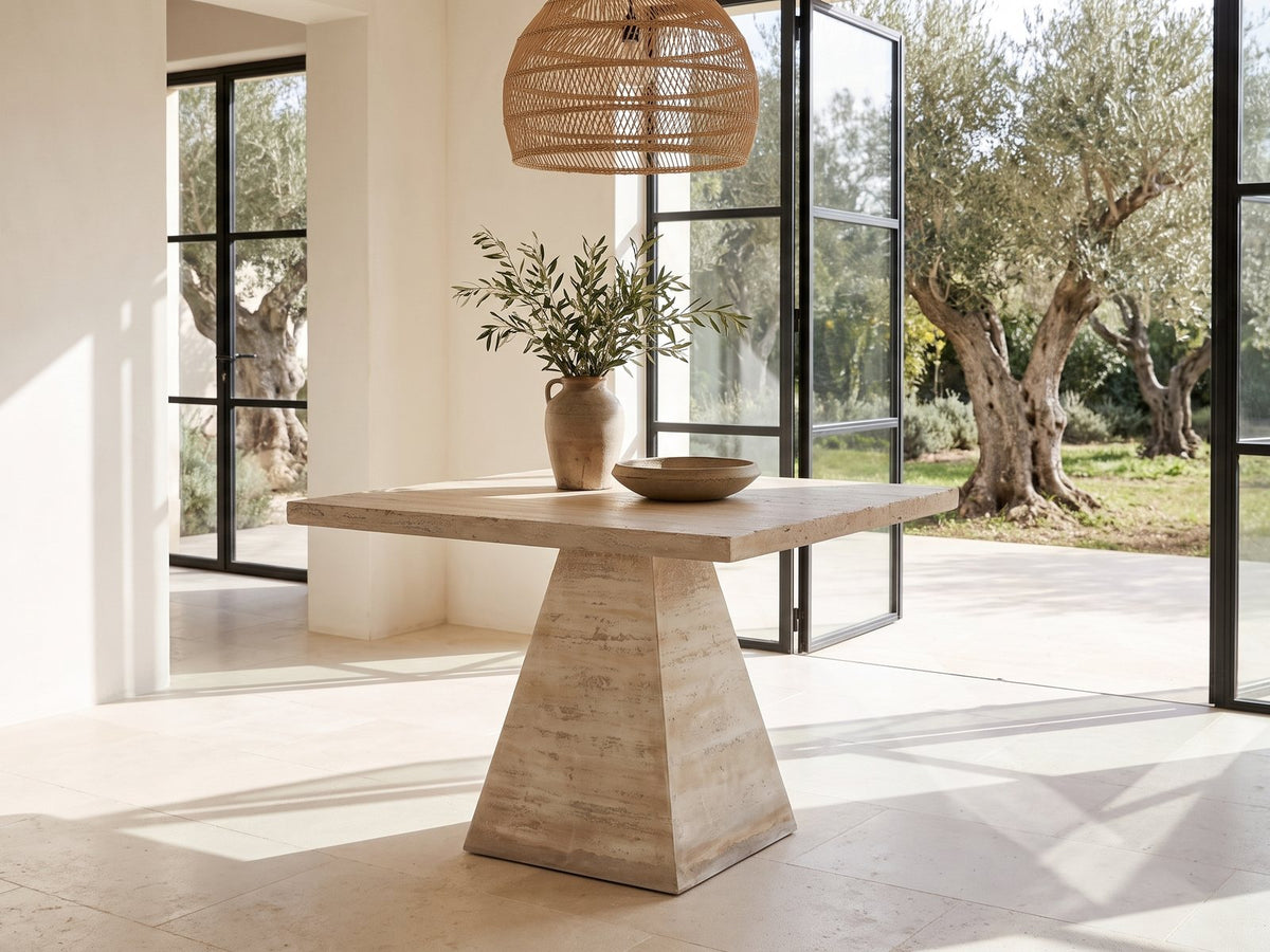 Asiago 40-Inch Square Faux Travertine Pyramid Pedestal Dining Table in a sunlit villa dining area with olive trees outside