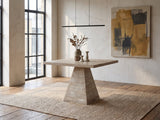 Asiago 40-Inch Square Faux Travertine Pyramid Pedestal Dining Table in an industrial loft dining area