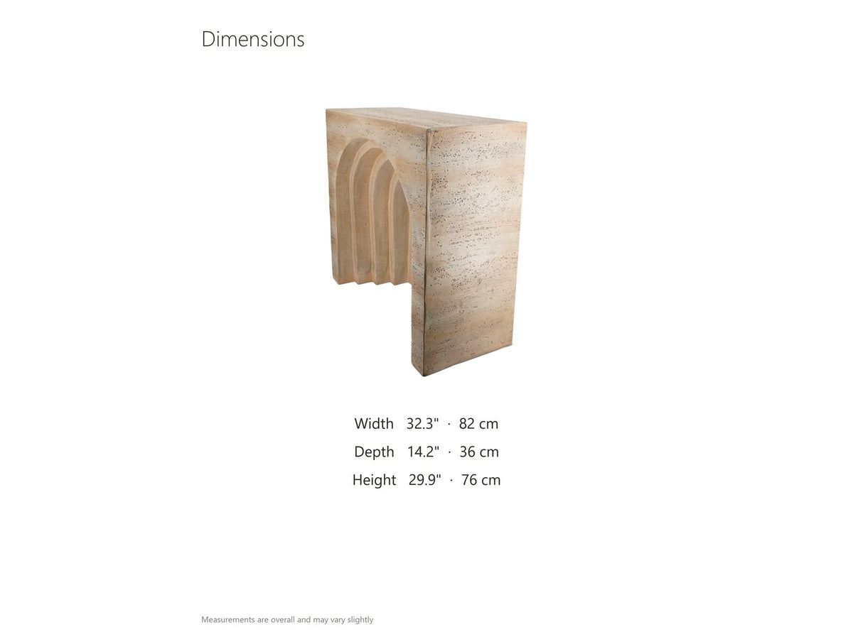 Asiago Faux Travertine Arched Console Table dimensions: 32.3 in wide, 14.2 in deep, 29.9 in high