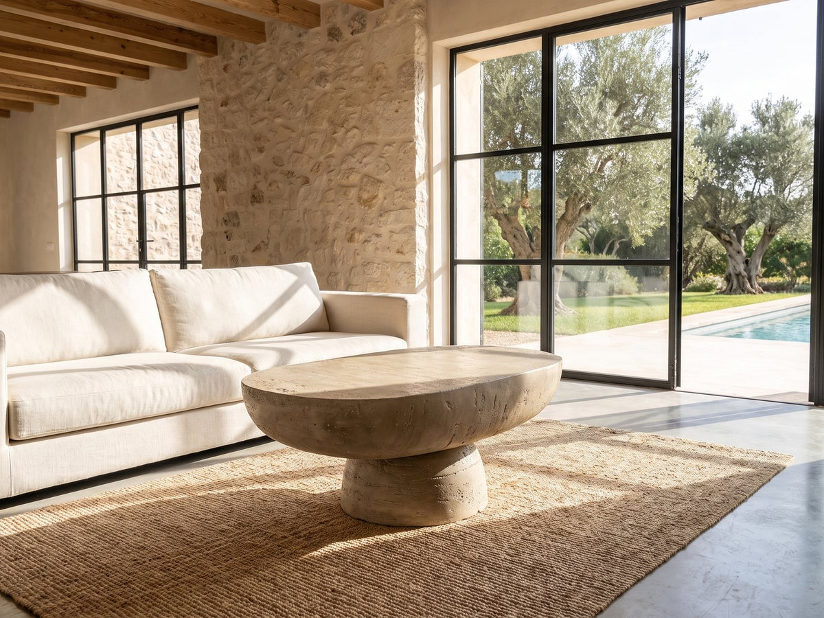 Asiago Faux Travertine Oval Mushroom Coffee Table seen from the side, on a jute rug in front of a linen sofa in a poolside villa