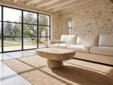 Asiago Faux Travertine Oval Mushroom Coffee Table on a jute rug in front of a linen sofa in a poolside villa