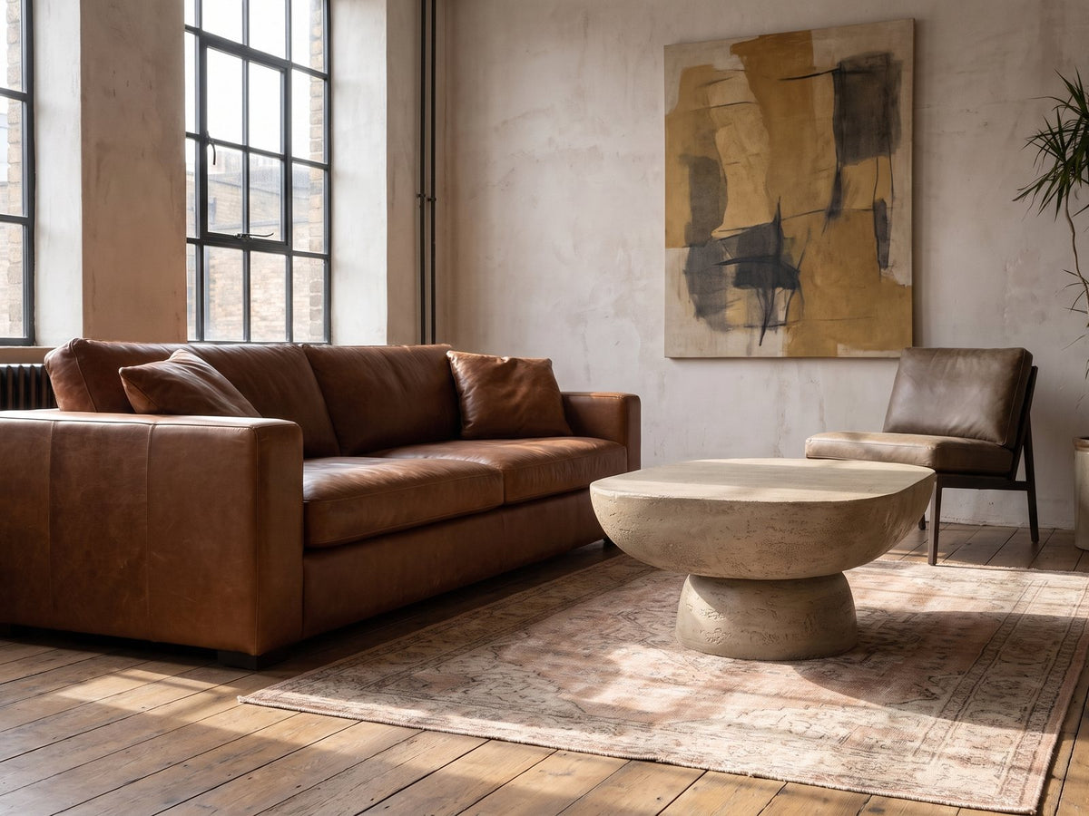 Asiago Faux Travertine Oval Mushroom Coffee Table on a vintage rug in front of a leather sofa in an industrial loft