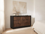 Asolo 61-Inch Walnut and Black 6-Drawer Dresser against a plaster wall under an abstract canvas in a bright bedroom