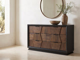 Asolo 61-Inch Walnut and Black 6-Drawer Dresser under a round bronze mirror in a villa bedroom