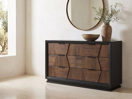 Asolo 61-Inch Walnut and Black 6-Drawer Dresser under a round bronze mirror in a villa bedroom