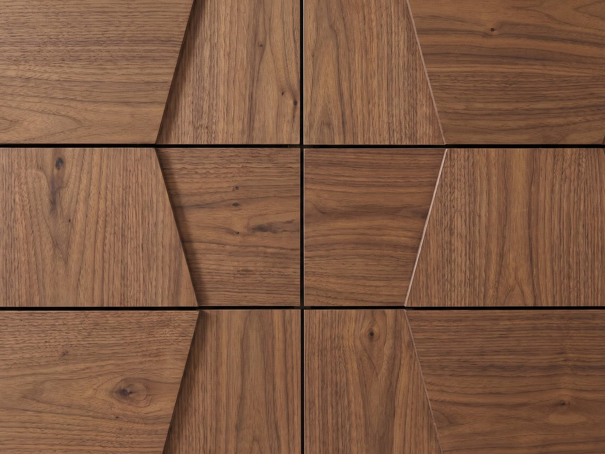 Close-up of the Asolo 61-Inch Walnut and Black 6-Drawer Dresser: the faceted walnut veneer drawer fronts, each a centre trapezoid between two slanted side pieces