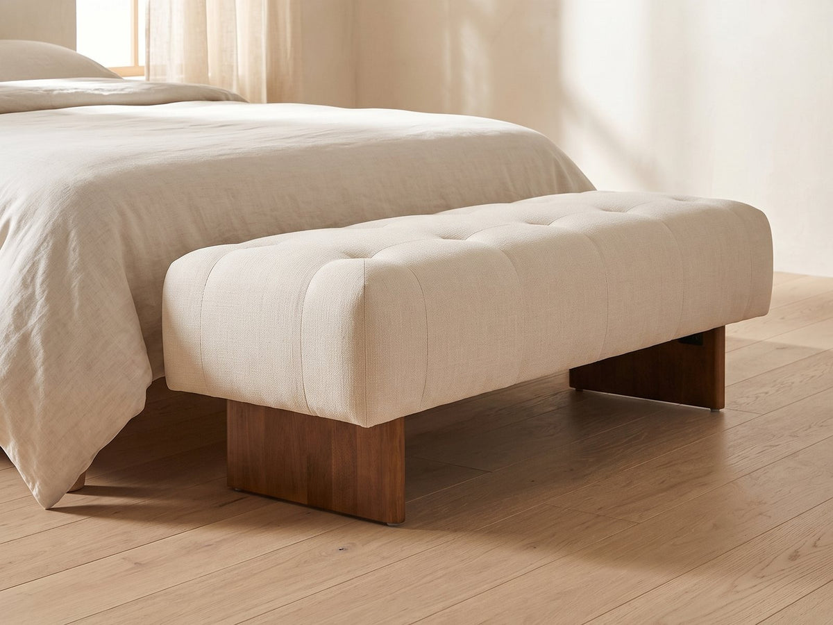 Assisi Tufted Bench in a sunlit room