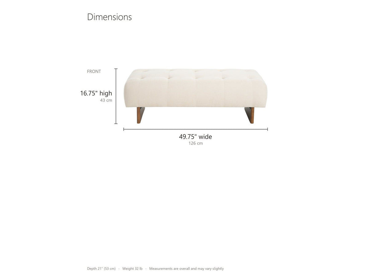 Assisi Tufted Bench dimensions: 49.75 in wide, 21 in deep, 16.75 in high