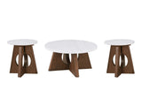 Asti 40-Inch Round White Marble Coffee and End Table Set, 3 Pieces photographed on white: the coffee table between the two end tables, shown at their true relative size