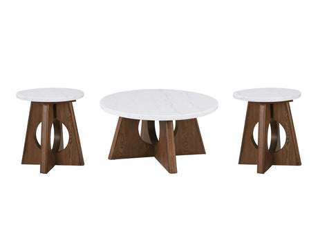 Asti 40-Inch Round White Marble Coffee and End Table Set, 3 Pieces photographed on white: the coffee table between the two end tables, shown at their true relative size