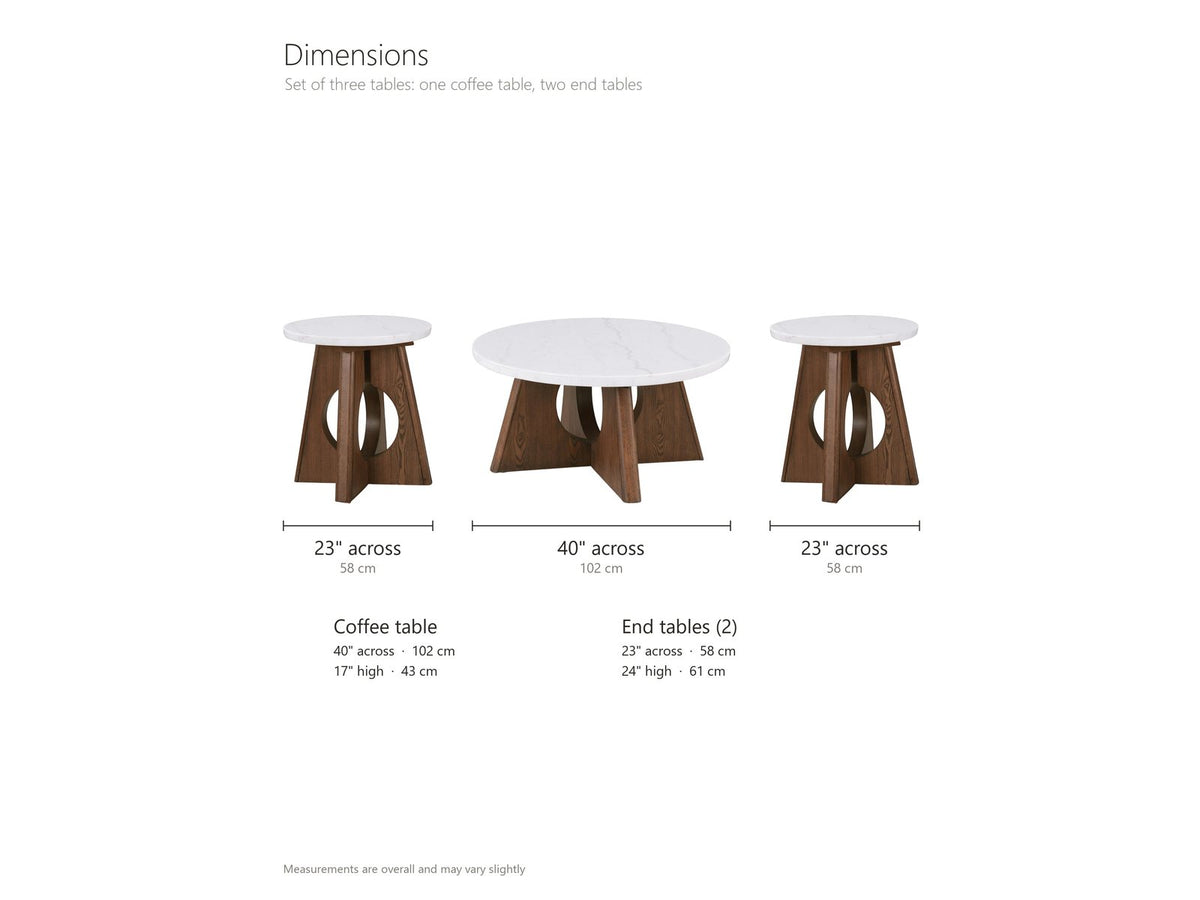 Asti 40-Inch Round White Marble Coffee and End Table Set, 3 Pieces dimensions: coffee table 40 in across and 17 in high; each of the two end tables 23 in across and 24 in high