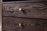 Two stacked drawer fronts of the Atella sideboard in dark espresso with white-limed grain, each with a centred antique-brass pyramid knob