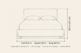 Atessa bed dimensions: Full 63.6 in, Queen 69 in, King 84.9 in wide, 38.2 in high, 88.2 in long (Full 82.6 in), rail 12 in high