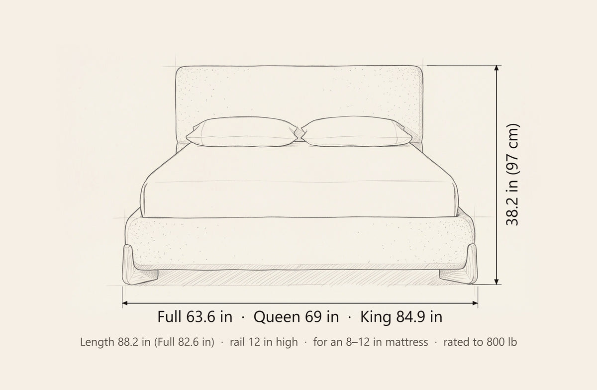 Atessa bed dimensions: Full 63.6 in, Queen 69 in, King 84.9 in wide, 38.2 in high, 88.2 in long (Full 82.6 in), rail 12 in high