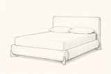 Pencil sketch of the Atessa bed with a mattress and two pillows, drawn from the same three-quarter view