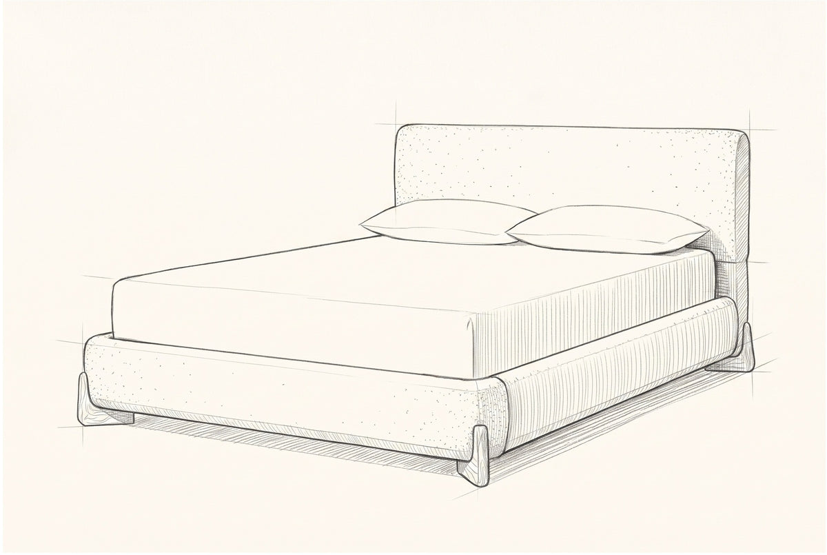 Pencil sketch of the Atessa bed with a mattress and two pillows, drawn from the same three-quarter view