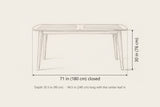Augusta dining table dimensions: 71 in long closed, 30 in high, 35.5 in deep, 94.5 in long with the center leaf in