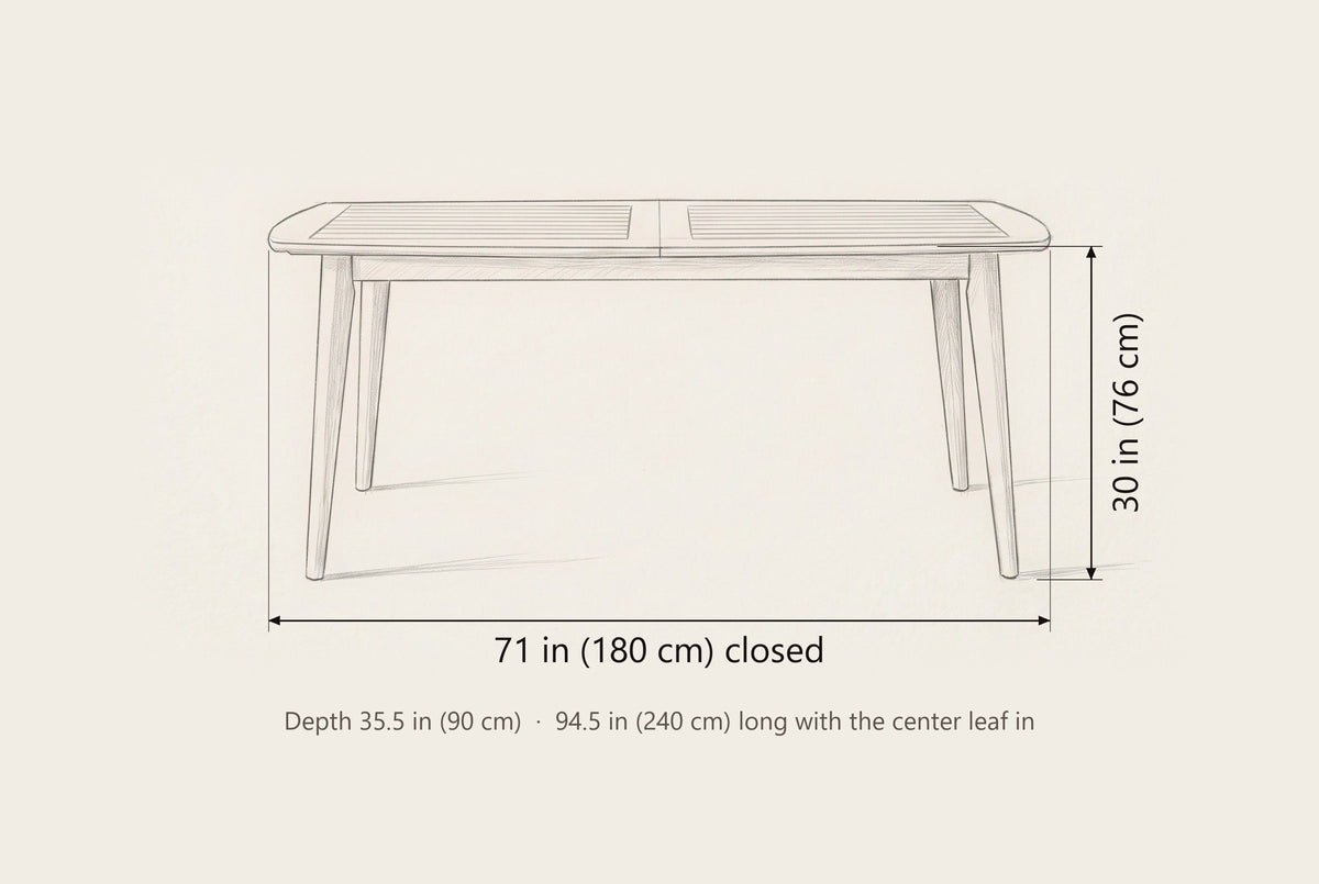 Augusta dining table dimensions: 71 in long closed, 30 in high, 35.5 in deep, 94.5 in long with the center leaf in