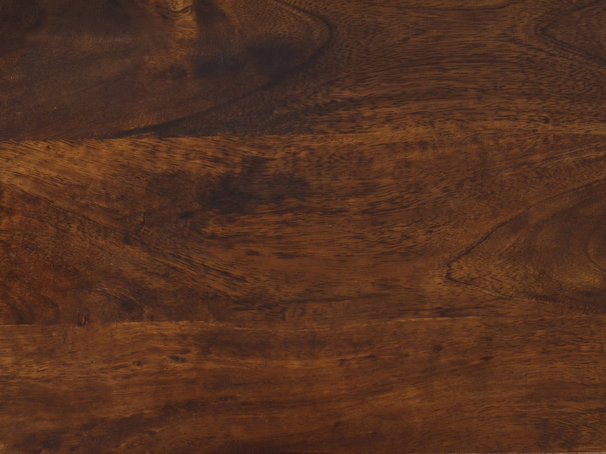 Close-up of the Avetrana Mango Wood and Cane Console Table: the chestnut-stained mango grain of the top