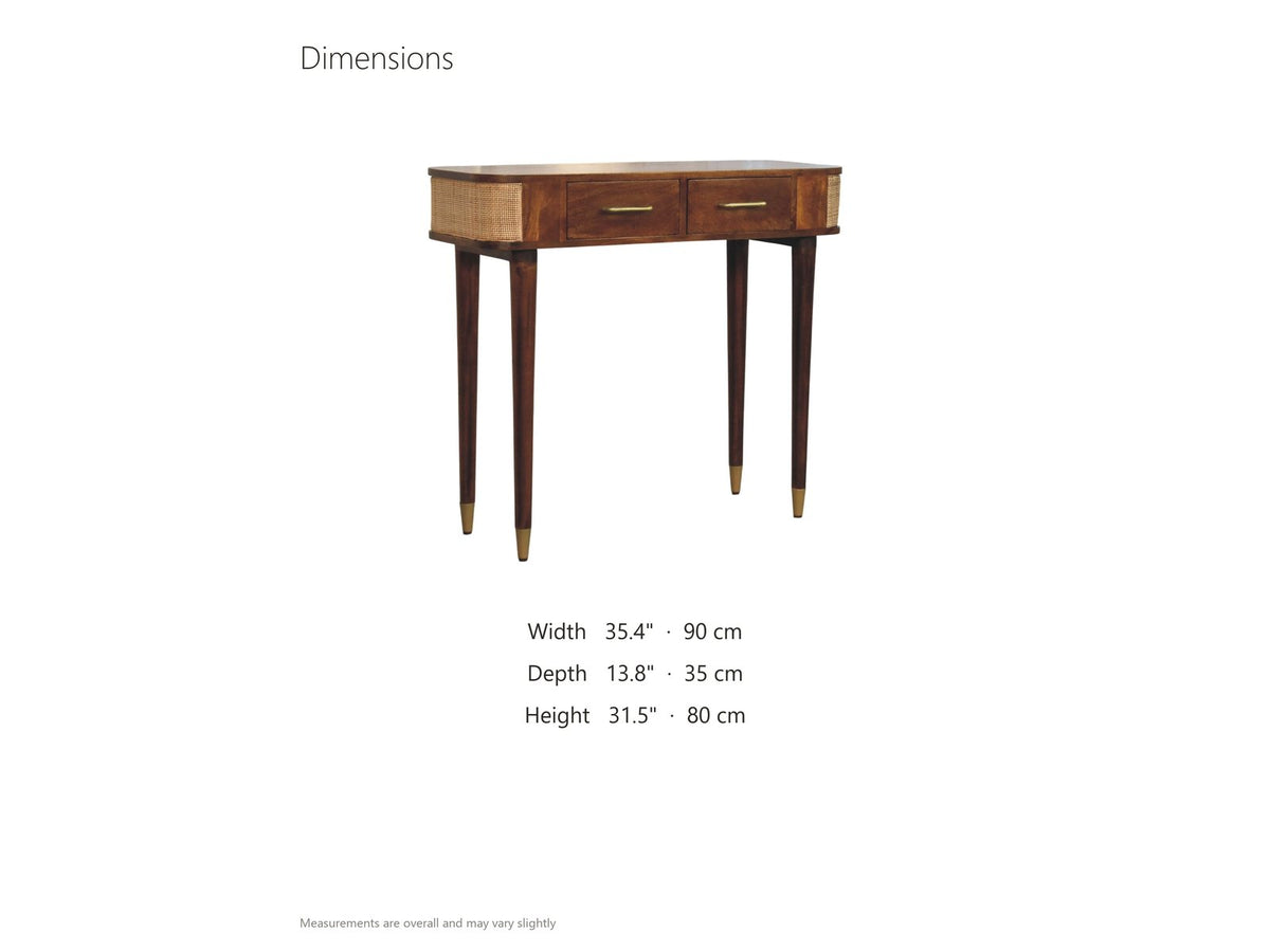 Avetrana Mango Wood and Cane Console Table dimensions: 35.4 in wide, 13.8 in deep, 31.5 in high
