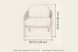 Avola club chair dimensions: 30.75 in wide, 33.35 in high, 30.5 in deep, seat height 21.65 in (per chair)