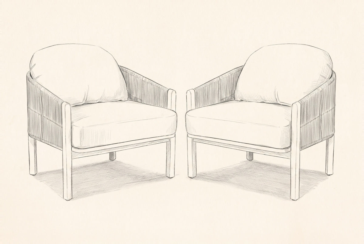 Pencil sketch of the two Avola club chairs, three-quarter view