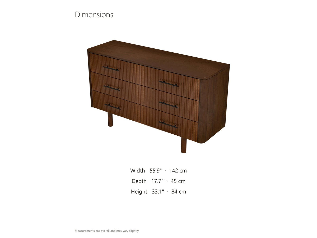 Badia 56-Inch Walnut-Finish 6-Drawer Dresser dimensions: 55.9 in wide, 17.7 in deep, 33.1 in high