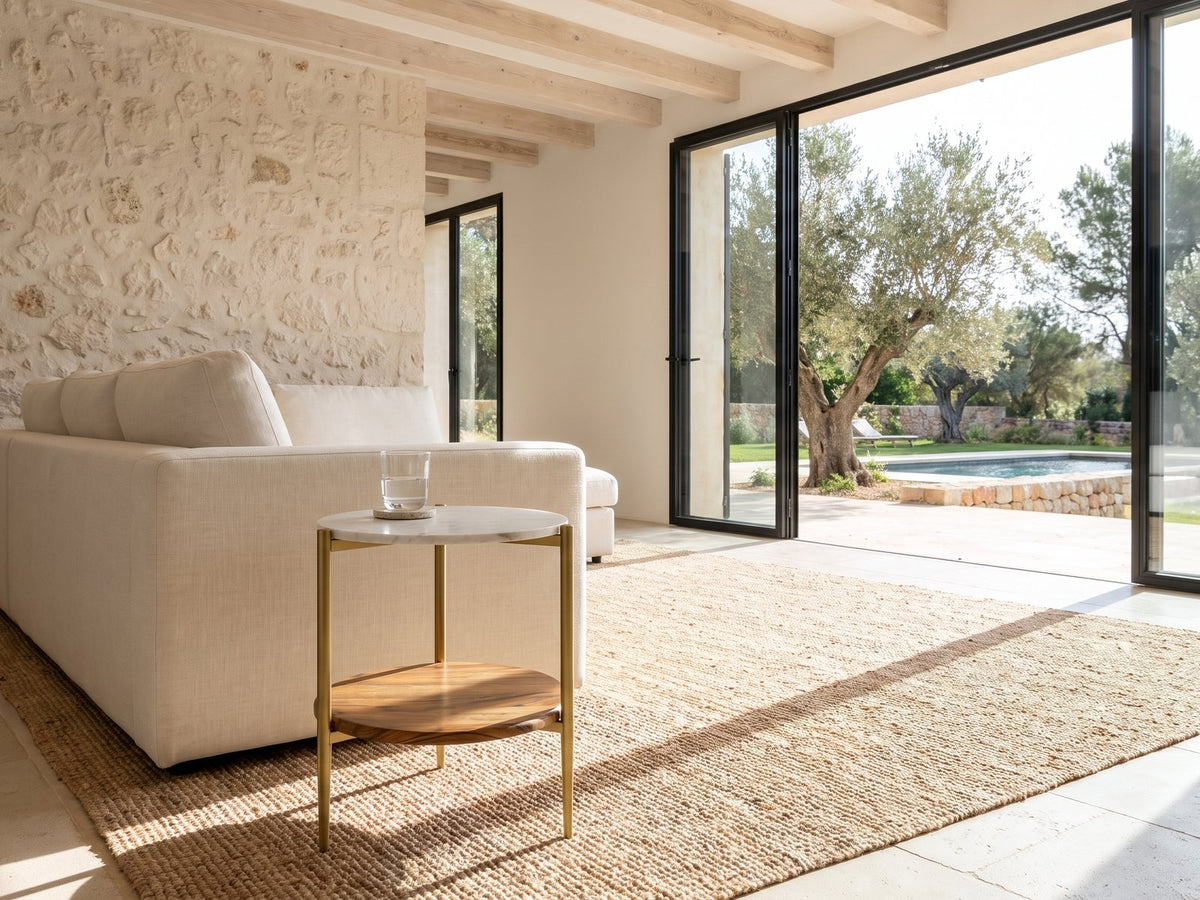 Badolato Marble and Acacia Two-Tier Side Table beside a linen sofa in a poolside villa