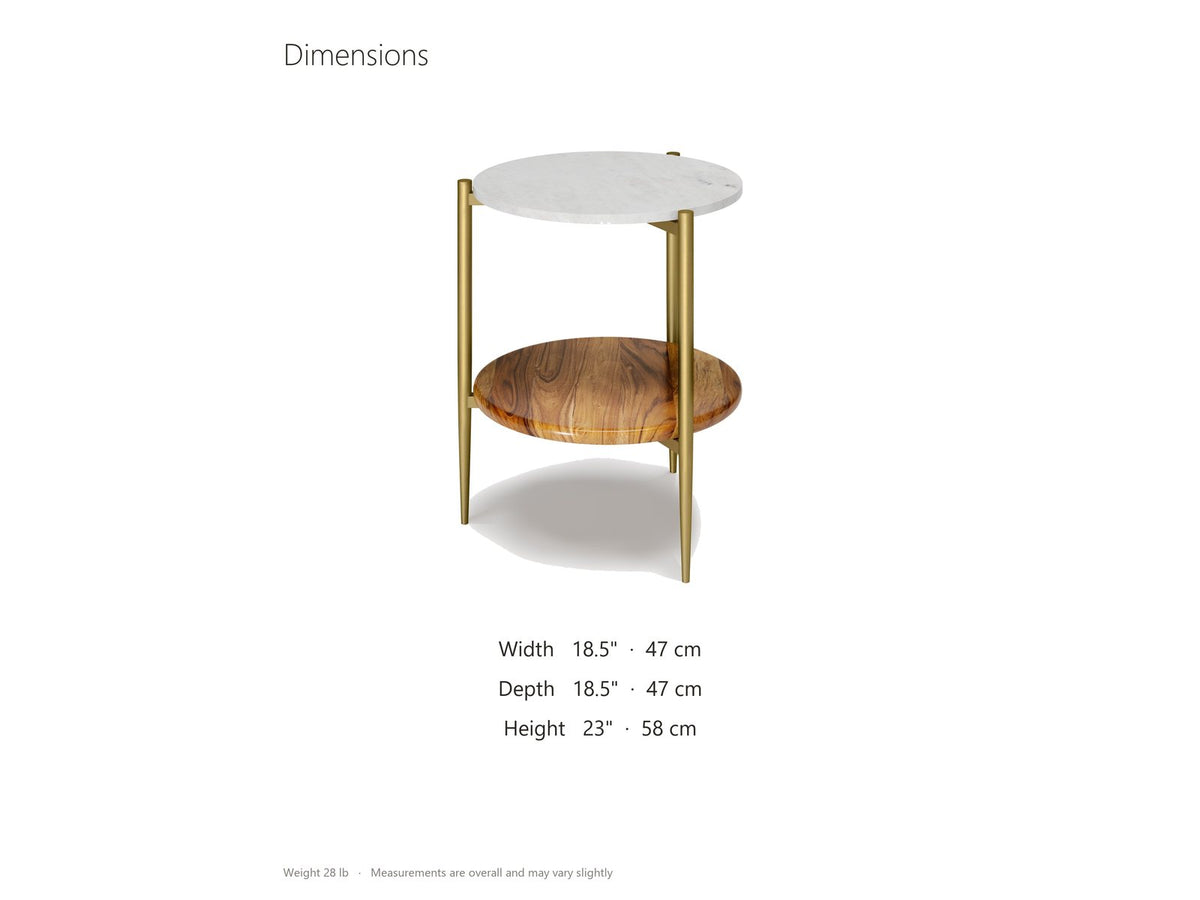 Badolato Marble and Acacia Two-Tier Side Table dimensions: 18.5 in wide, 18.5 in deep, 23.0 in high