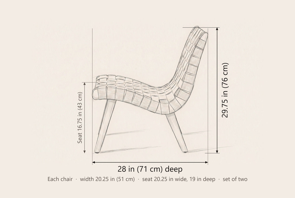 Bagheria lounge chair dimensions: each chair 28 in deep, 29.75 in high, seat 16.75 in high, 20.25 in wide