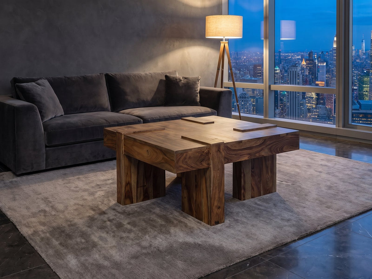 Barga Solid Sheesham Coffee Table on a wool rug in front of a velvet sofa in a city penthouse at blue hour