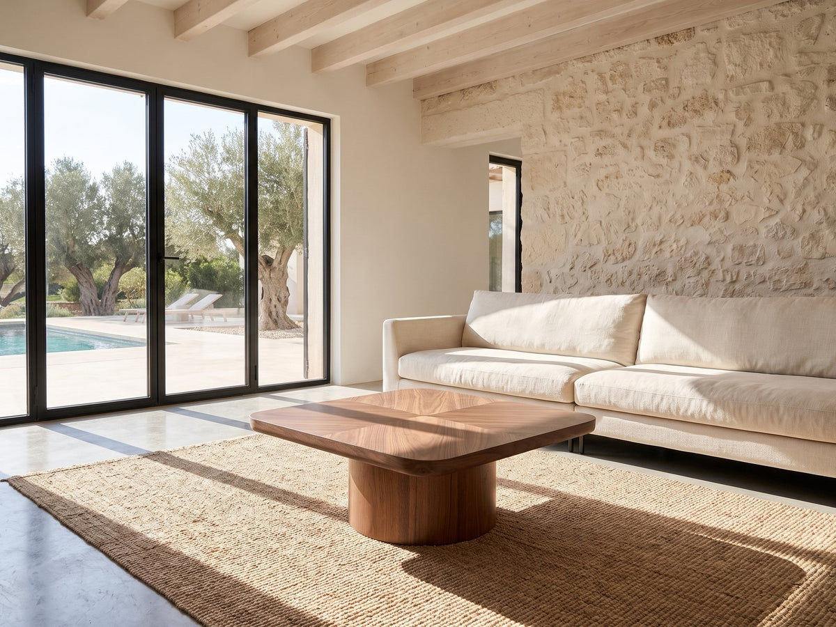 Bari Walnut Veneer Square Pedestal Coffee Table on a jute rug in front of a linen sofa in a poolside villa