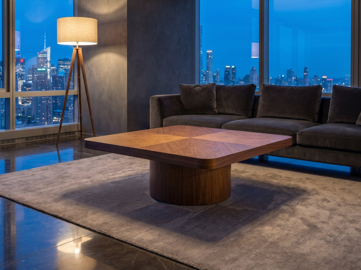 Bari Walnut Veneer Square Pedestal Coffee Table on a wool rug in front of a velvet sofa in a city penthouse at blue hour