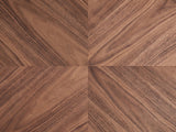 Close-up of the Bari Walnut Veneer Square Pedestal Coffee Table: the four-way matched walnut veneer at the centre of the top