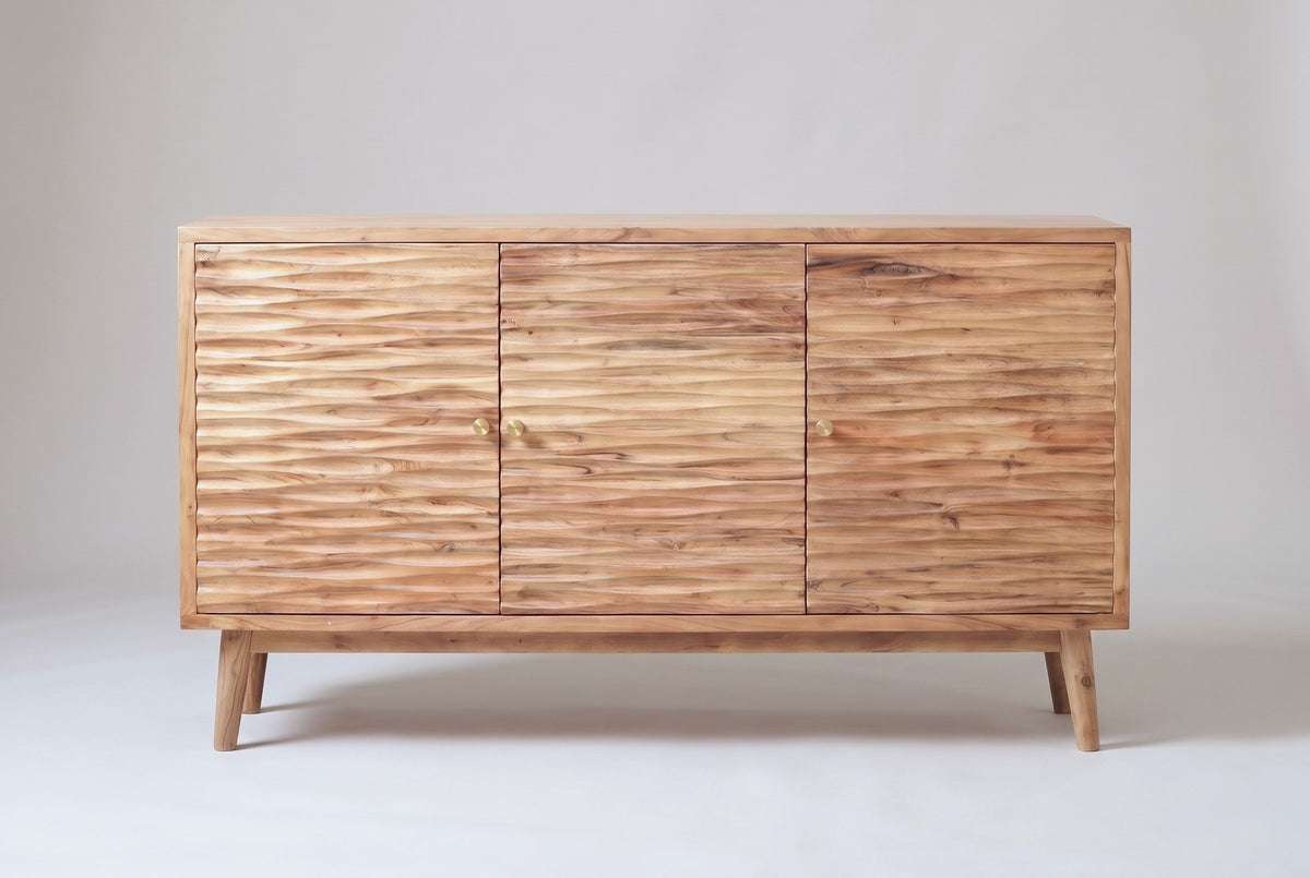 The Barile sideboard in light natural solid wood, front view on a light studio backdrop