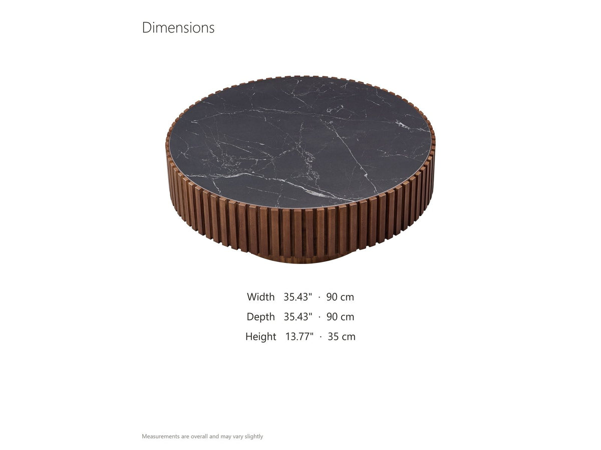 Barolo 35-Inch Round Black Sintered Stone Slatted Drum Coffee Table dimensions: 35.43 in wide, 35.43 in deep, 13.77 in high